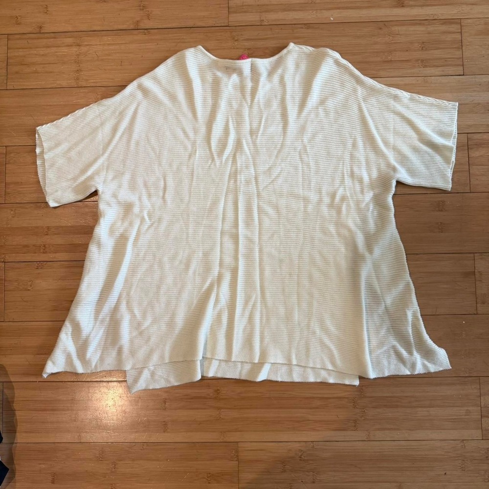 Vintage womens cream short sleeve top oversized ribbed crewneck top side slits L - Picture 2 of 4